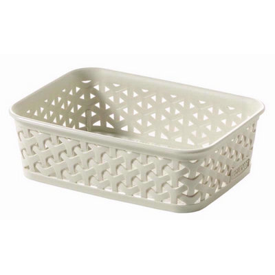 Curver A6 Cream Rattan Effect Storage Basket Tray Small Desk Tidy Office - image 1