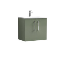 Balterley  Modern Bathroom 2 Soft Close Door Wall Hung Vanity Unit & Curved Basin, Satin Green, 600mm - thumbnail 1