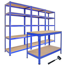MonsterShop Monster Racking Heavy Duty Garage Storage Shelves (X3) & Workbench Blue 90Cm X 182.5Cm X 45Cm