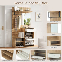 Abrihome 7-In-1 Entryway Hall Tree: Coat Rack, Mirror, Shelf, Shoe Bench, Storage Drawer & Cabinet, 100X38.5X190Cm. Perfect For Hallway - thumbnail 5