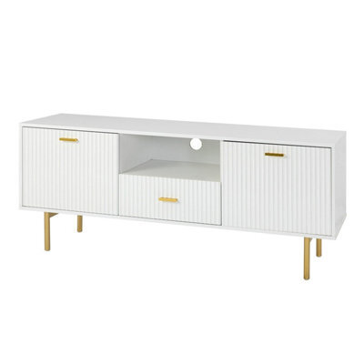 Kosy Koala White Tv Cabinet With Gold Metal Legs And Handles, Stylish Media Console With Spacious Storage