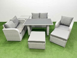 Fimous Rattan Sofa Outdoor Furniture With Dining Table,side Table,love Sofa,2 Big Stools Patio Furniture Light Grey 7 Seater - thumbnail 1