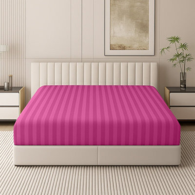 Oxford Homeware Pink Satin Stripe Fitted Sheet 40Cm Extra Deep Pocket Soft Easy Care Bedding Sheet(W)90Cmx(L)191Cm (Single) - image 1