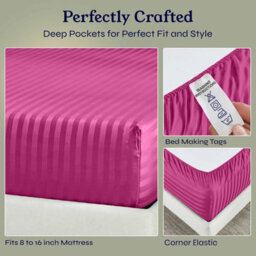 Oxford Homeware Pink Satin Stripe Fitted Sheet 40Cm Extra Deep Pocket Soft Easy Care Bedding Sheet(W)90Cmx(L)191Cm (Single) - thumbnail 4
