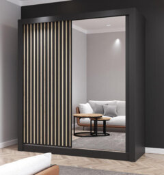 Fhi Kingston 180Cm Black Sliding Door Wardrobe Modern Bedroom Storage With Full Length Mirror Shelves And Hanging Rails