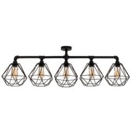 Valuelights Industrial 5 Way Satin Black Pipework Ceiling Light With Black Cage Shades