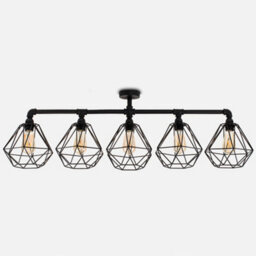 Valuelights Industrial 5 Way Satin Black Pipework Ceiling Light With Black Cage Shades - thumbnail 4