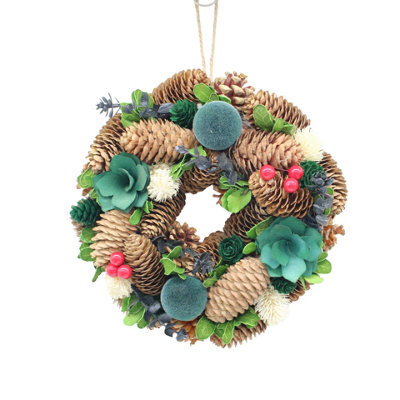 Urbn-Living Urbnliving 25Cm Teal Green Christmas Wreath Festive Decoration With Jute Hanger Traditional Pinecone Décor - image 1