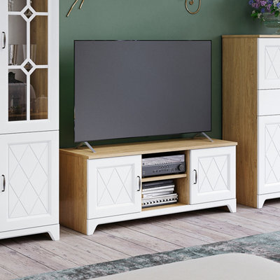 Heze Furniture Provenza 2 Door Tv Unit With Storage Rustic Style - Stone Oak / White Matt - image 1