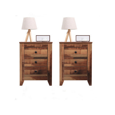 Furniturehmd Set Of 2 Bedside Tables Nightstand With 3 Drawers Rustic Style Wooden Side Table - image 1