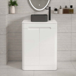 Royal Bathrooms Venice 600mm Gloss White Freestanding Bathroom Countertop Vanity Unit 2 Door With Art Square Basin - thumbnail 1
