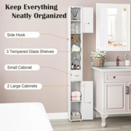 Gainoom 180 Cm Tall Bathroom Cabinet White Narrow Storage Organizer W/ 3 Doors - thumbnail 4