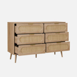 Sweeek - Wood And Rounded Cane Chest Of Drawers 6 Drawers Natural 120X39X79 Cm - Eva - thumbnail 2