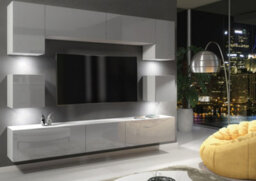 Panorama Wall Tv Unit White & Grey With High Gloss Doors And Led Lighting - Creative Furniture - thumbnail 4