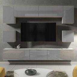 Panorama Wall Tv Unit White & Grey With High Gloss Doors And Led Lighting - Creative Furniture - thumbnail 6