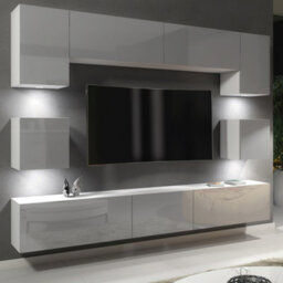 Panorama Wall Tv Unit White & Grey With High Gloss Doors And Led Lighting - Creative Furniture - thumbnail 3