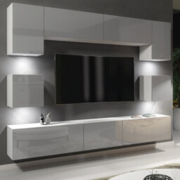Panorama Wall Tv Unit White & Grey With High Gloss Doors And Led Lighting - Creative Furniture