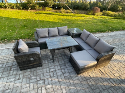 Fimous Outdoor Lounge Sofa Set Wicker Pe Rattan Garden Furniture Set With Dining Table Reclining Chair Big Footstool Side Table - image 1