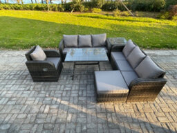 Fimous Outdoor Lounge Sofa Set Wicker Pe Rattan Garden Furniture Set With Dining Table Reclining Chair Big Footstool Side Table - thumbnail 2