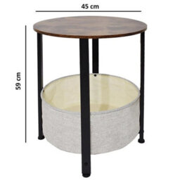 Small Round Walnut Side Coffee Table Fabric Storage Basket Beside - thumbnail 2
