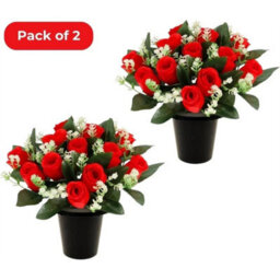 Pack Of 2-Grave Flower Pot Artificial Red 12 Head Memorial Decor - thumbnail 1