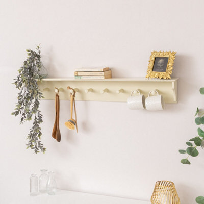 Melody Maison Large Ivory Wooden Wall Shelf With Hooks - 100Cm - image 1