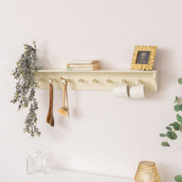 Melody Maison Large Ivory Wooden Wall Shelf With Hooks - 100Cm - thumbnail 1