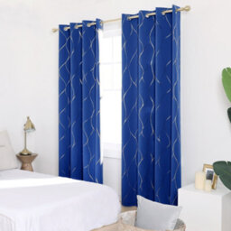 Deconovo Blackout Eyelet Thermal Insulated Curtains, Gold Wave Foil Printed Curtains, W52 X L90 Inch, Royal Blue, One Pair - thumbnail 4