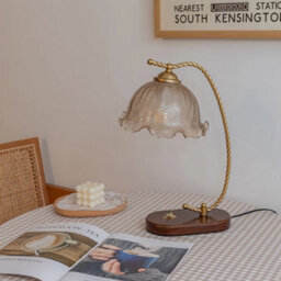 Komore Delicate Floral Glass Shade Table Lamp Natural Wood Metal Base Bedroom Accent Light - thumbnail 5