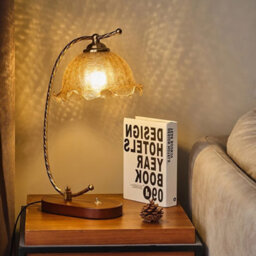 Komore Delicate Floral Glass Shade Table Lamp Natural Wood Metal Base Bedroom Accent Light - thumbnail 4