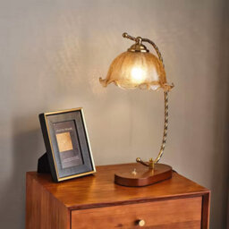 Komore Delicate Floral Glass Shade Table Lamp Natural Wood Metal Base Bedroom Accent Light - thumbnail 2