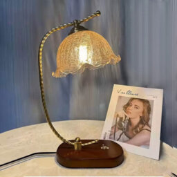 Komore Delicate Floral Glass Shade Table Lamp Natural Wood Metal Base Bedroom Accent Light - thumbnail 3