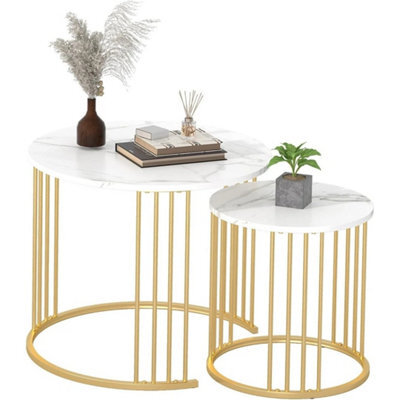 Set Of 2 Modern Round White Marble End Side Nightstand - image 1