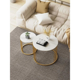 Set Of 2 Modern Round White Marble End Side Nightstand - thumbnail 6
