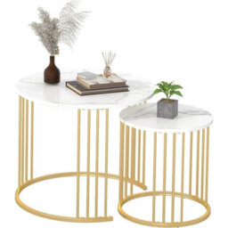 Set Of 2 Modern Round White Marble End Side Nightstand - thumbnail 1