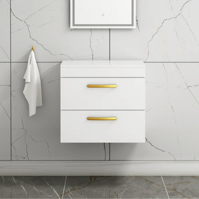 Royal Bathrooms 600mm Wall Hung Vanity Unit 2 Drawer Gloss White - Storage Cabinetwith Brushed Brass Handle - image 1