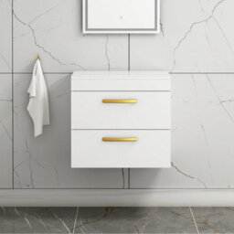 Royal Bathrooms 600mm Wall Hung Vanity Unit 2 Drawer Gloss White - Storage Cabinetwith Brushed Brass Handle - thumbnail 1