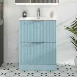 Royal Bathrooms Evora 700mm Powder Blue Fluted Floor Standing Bathroom Vanity Unit 2 Drawer Cabinet With Ceramic Basin