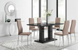 Furniturebox Imperia Black High Gloss 6 Seater Dining Table With Structural 2 Plinth Column Legs 6 Beige Stitched Faux Leather Milan Chairs - thumbnail 1