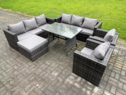 Fimous 8 Seater Rattan Outdoor Furniture Sofa Garden Dining Set With Patio Dining Table 2 Armchairs Big Footstools - thumbnail 2