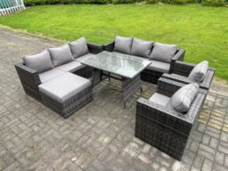 Fimous 8 Seater Rattan Outdoor Furniture Sofa Garden Dining Set With Patio Dining Table 2 Armchairs Big Footstools - thumbnail 1
