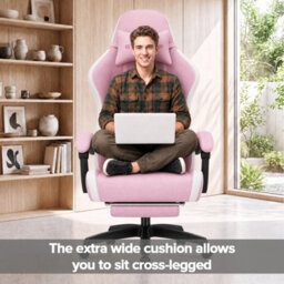 Luckracer Fabric Gaming Chair With Footrest, Ergonomic Computer Desk Chair With Pocket Spring Cushion Home Office Chair, Pink - thumbnail 3