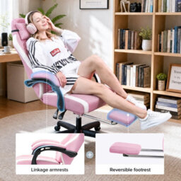 Luckracer Fabric Gaming Chair With Footrest, Ergonomic Computer Desk Chair With Pocket Spring Cushion Home Office Chair, Pink - thumbnail 2