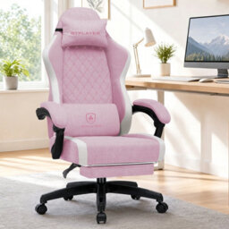 Luckracer Fabric Gaming Chair With Footrest, Ergonomic Computer Desk Chair With Pocket Spring Cushion Home Office Chair, Pink