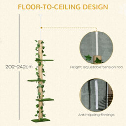 Pawhut 242Cm Floor To Ceiling Cat Tree With Leaves Scratching Post, Green - thumbnail 5