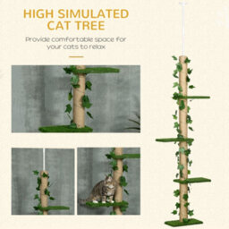 Pawhut 242Cm Floor To Ceiling Cat Tree With Leaves Scratching Post, Green - thumbnail 4
