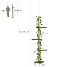 Pawhut 242Cm Floor To Ceiling Cat Tree With Leaves Scratching Post, Green - thumbnail 3