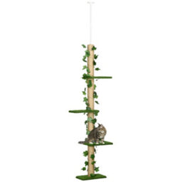 Pawhut 242Cm Floor To Ceiling Cat Tree With Leaves Scratching Post, Green - thumbnail 2