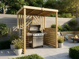 Edecks The Grillhouse Wooden Bbq Shelter With Inner Shelves 6 X 7Ft - Half Sides Chevron Back Outdoor Garden Barbecue Grill Gazebo - thumbnail 2