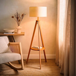 ValueLights Morrigan Mid Wood Shelf Floor Lamp With Cream Shade And Bulb